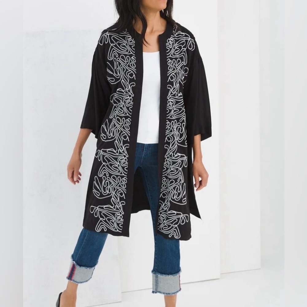 Chico’s Oversized French Knot Embroidered Open Front Kimono Duster